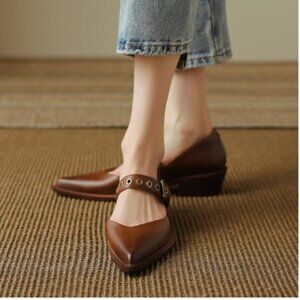 YDN Brown Pointed Closed Toe Mary Jane Chunky Heels Loafers Hollow Buckle Pumps